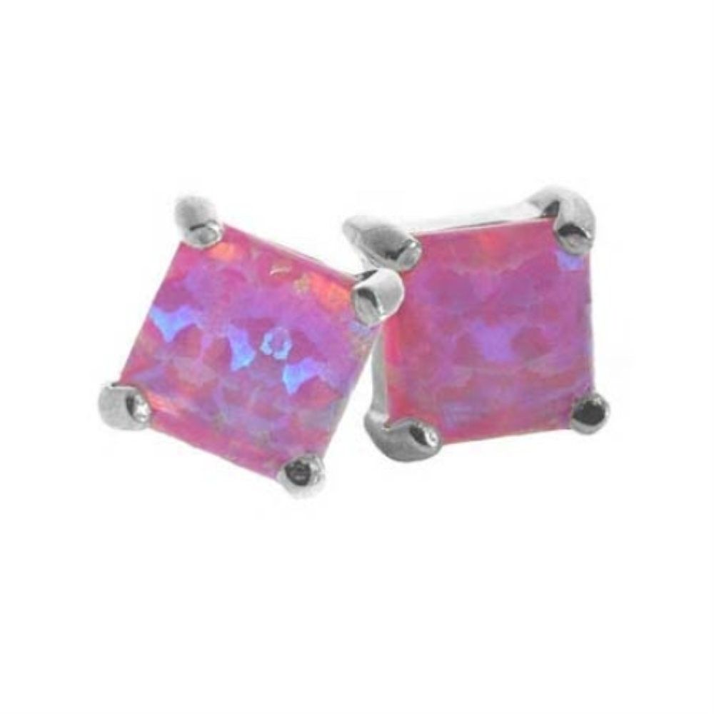 Sterling Silver Pink Opal Square Stud Earrings, 7mm - Grocery