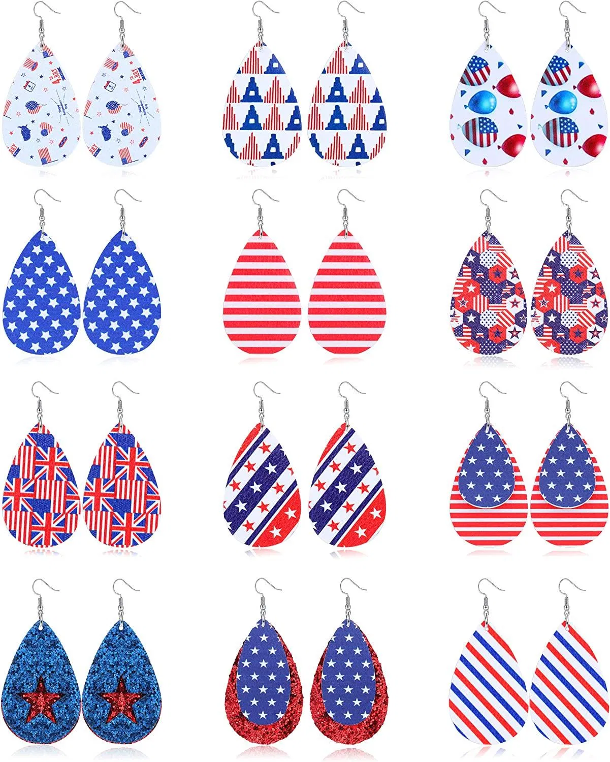 12 Pairs Lightweight Faux Leather Earrings Teardrop Leaf Star Printed Drop Dangle Earrings Set for Women - Grocery