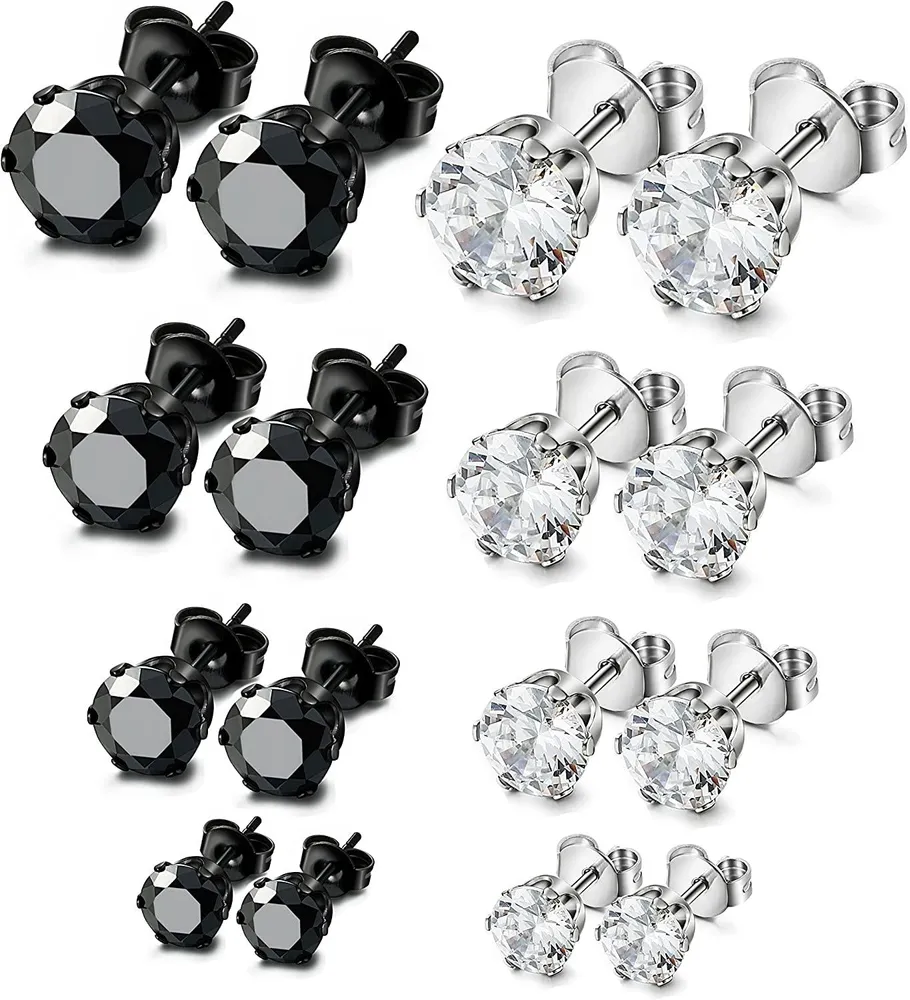 8 Pairs Stainless Stud Earrings For Mens Womens Clear Cubic Zirconia Inlaid; 3mm-6mm - Grocery