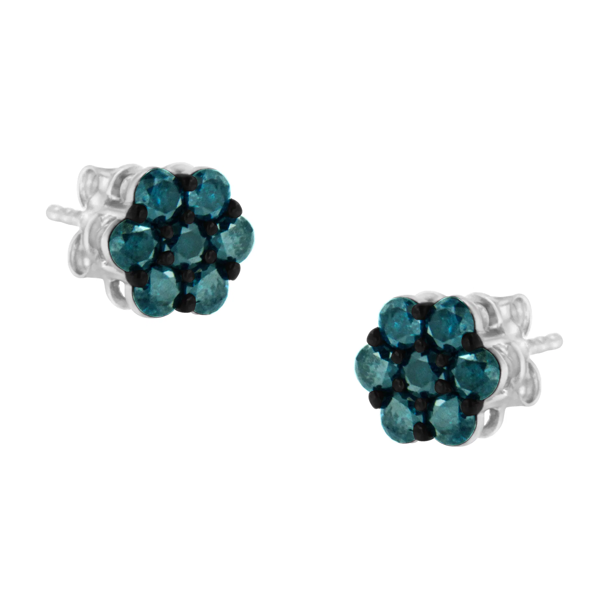 Sterling Silver Treated Blue Diamond Floral Stud Earrings (1 cttw, Blue Color, I2-I3 Clarity) - Grocery