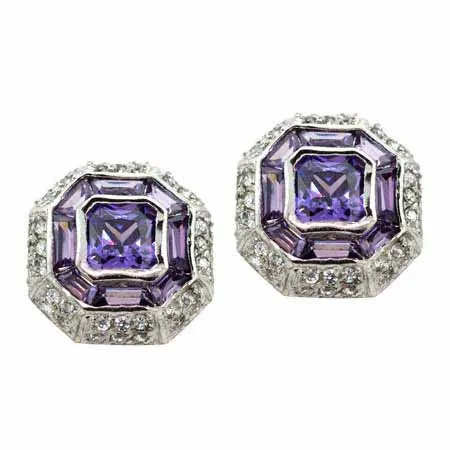 Sterling Silver Amethyst and Colorless CZ Modern Octagon Earrings - Grocery