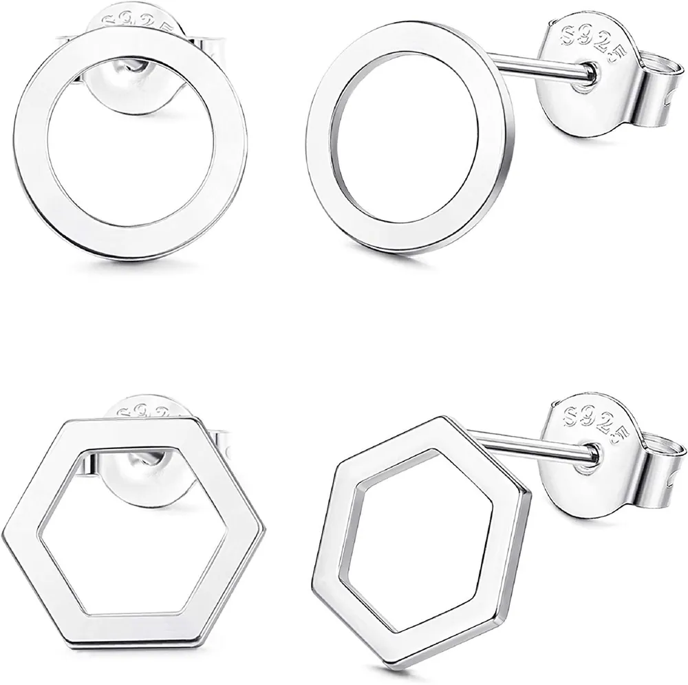 2 Pairs 925 Sterling Geometric Stud Earring for Women Minimalism Circle Hexagon Ear Studs Set Hypoallergenic Jewelry - Grocery