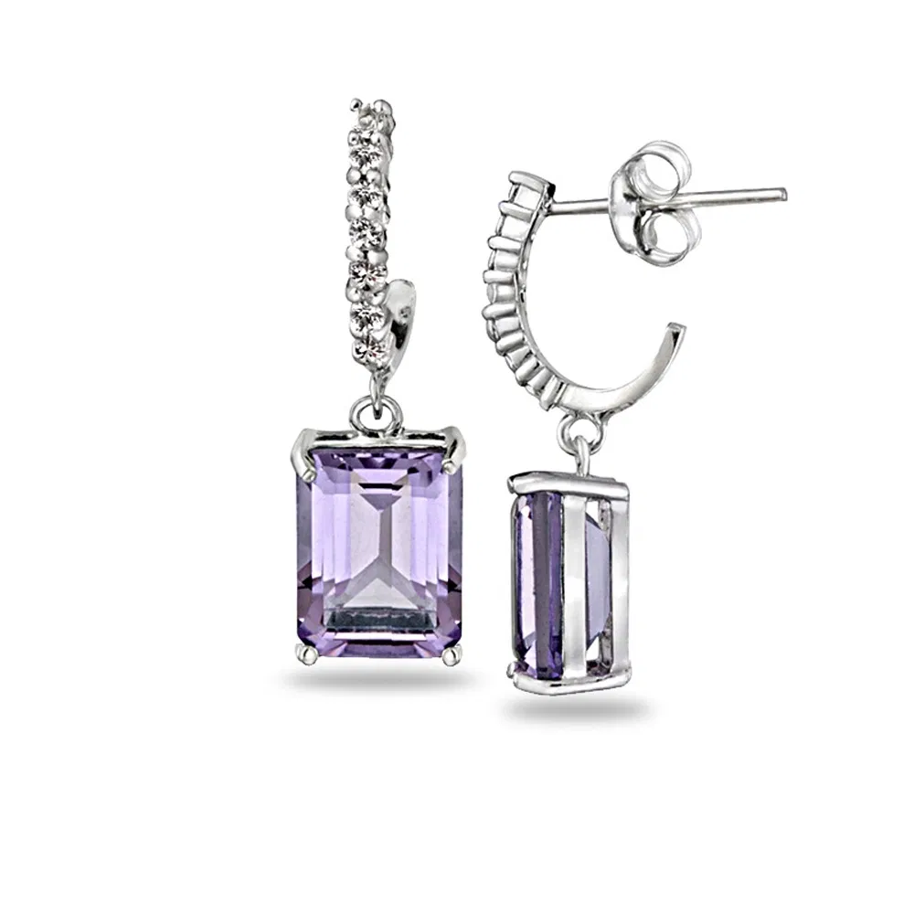 Sterling Silver 5ct Amethyst & White Topaz Rectangle Dangle Earrings - Grocery