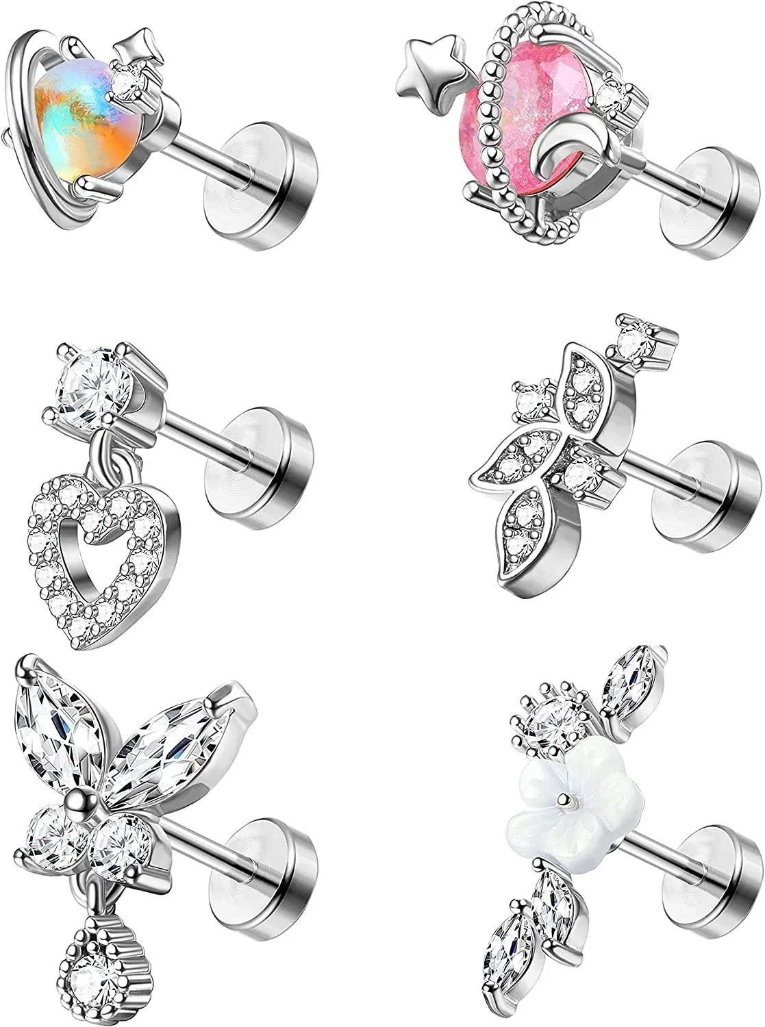 Stainless Front Spiral Pierced Stars Moon Butterfly Spiral Earrings Helix Cartilage Stud Pierced Jewelry - Grocery