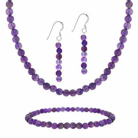 Sterling Silver 4mm Genuine Amethyst Stone Bead Beaded Dangle Hook Earrings Stretch Bracelet Necklace 15-19