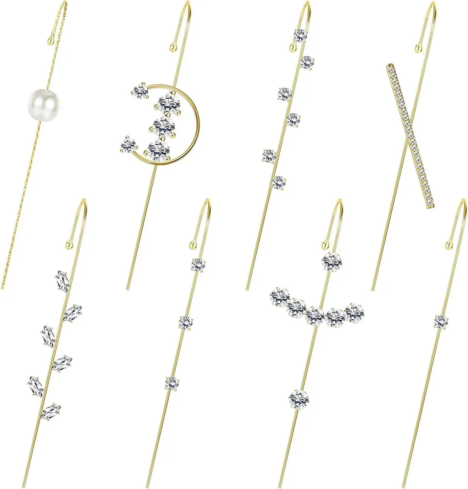 8 Pieces Ear Cuff Wrap Crawler Hook Earrings for Women Cubic Zirconia Ear Studs Alloy Ear for Wedding Birthday Valentine Day - Grocery
