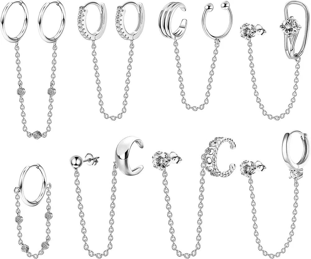 8PCS Chain Earrings for Women Huggie Wrap Earrings with Chain CZ Double Hoop Earring Minimalist Chain Cuff Earrings - Grocery