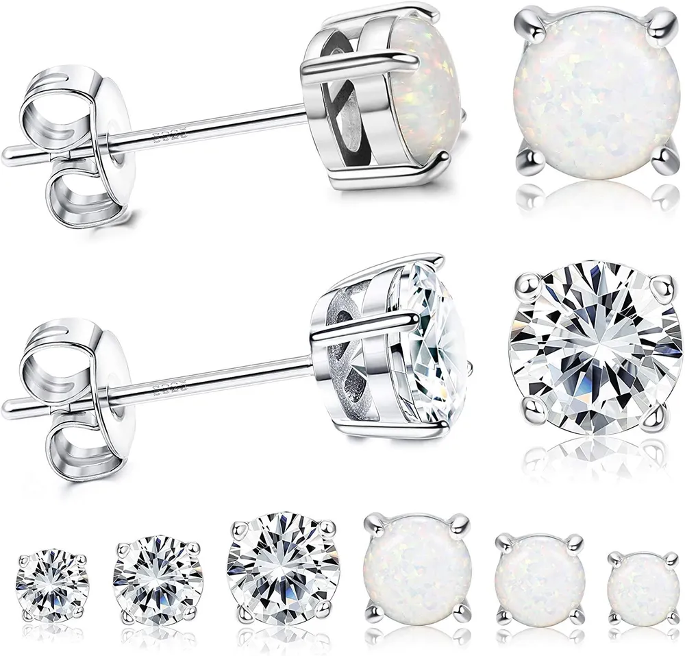 6Pairs Stud Earrings for Women 925 Sterling Silver Post CZ Earrings Opal Earrings Set with Gift Box - Grocery