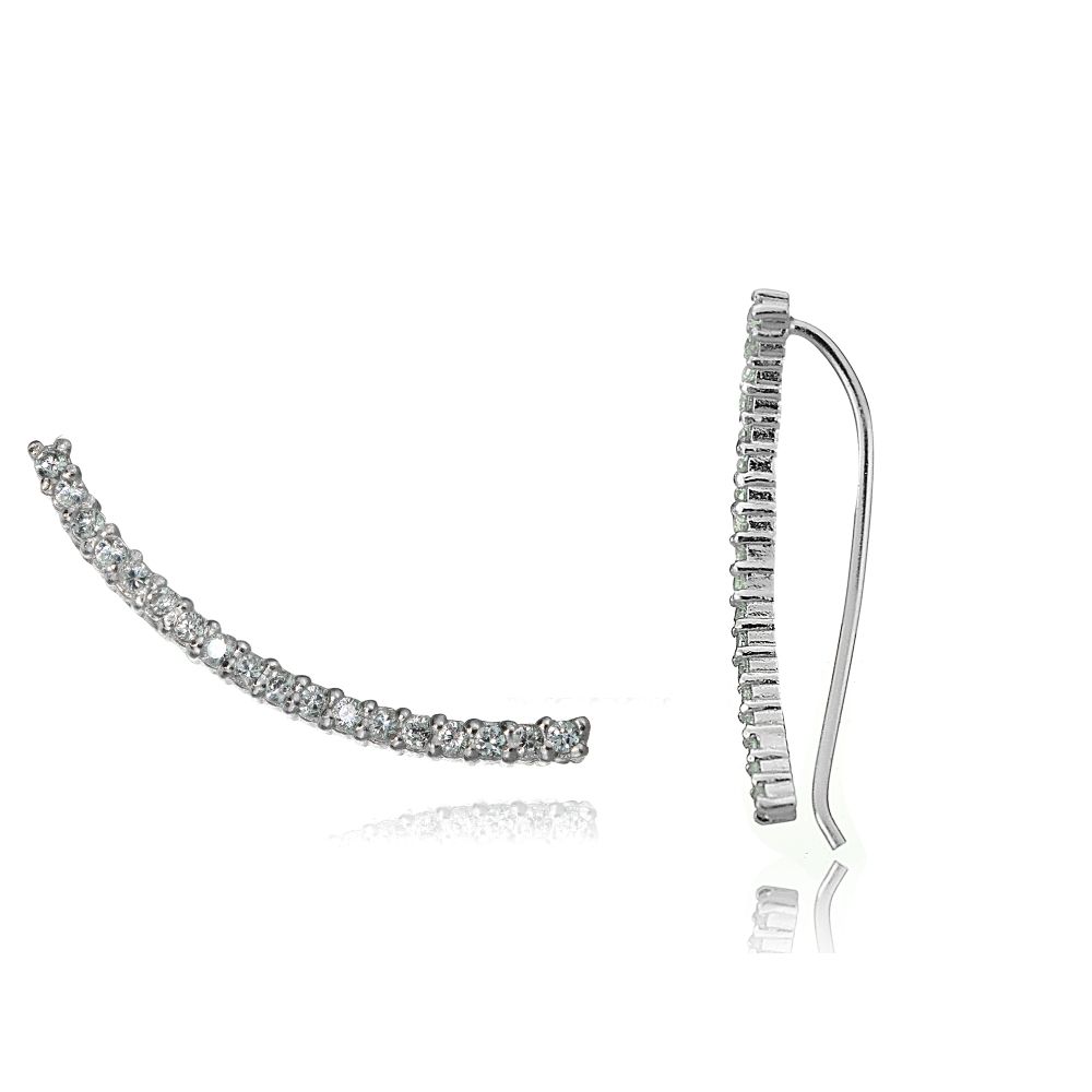 Sterling Silver Cubic Zirconia Curved Crawler Climber Hook Earrings - Grocery