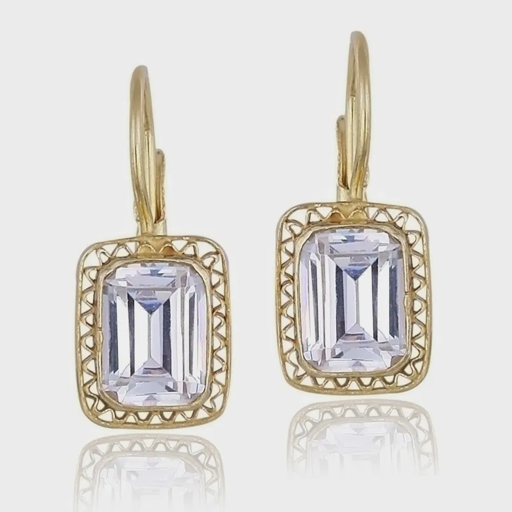 18K Gold over Sterling Silver CZ Filigree Rectangle Leverback Earrings - Grocery