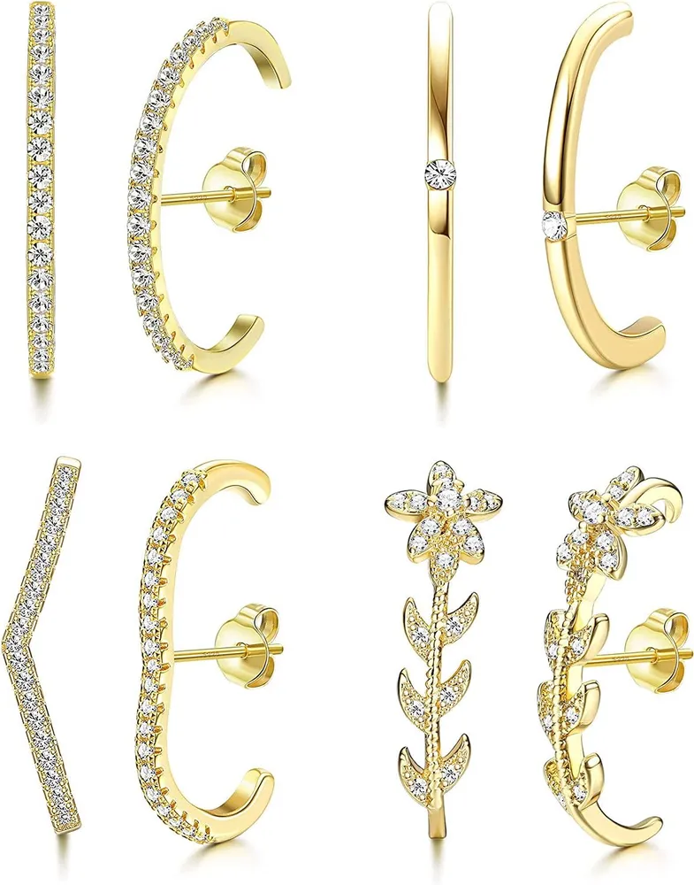 4 Pairs 925 Sterling Silver Suspender Earrings for Women CZ Ear Lobe Cuff Stud Earrings Minimalist Suspension Hoop Earring Set - Grocery
