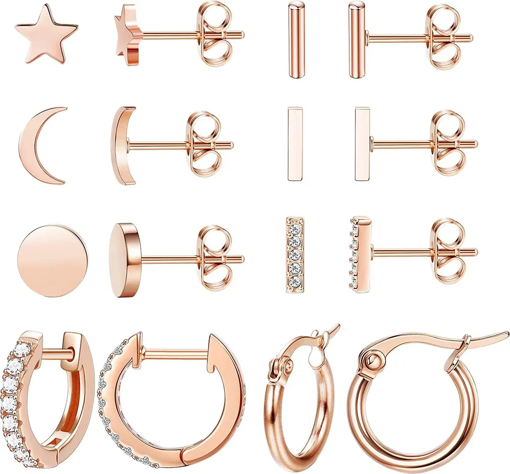 8 Pairs Stainless Star Moon Stud Earrings for Women Cute Bar CZ Rose Gold Stud Hoop Earring Set - Grocery