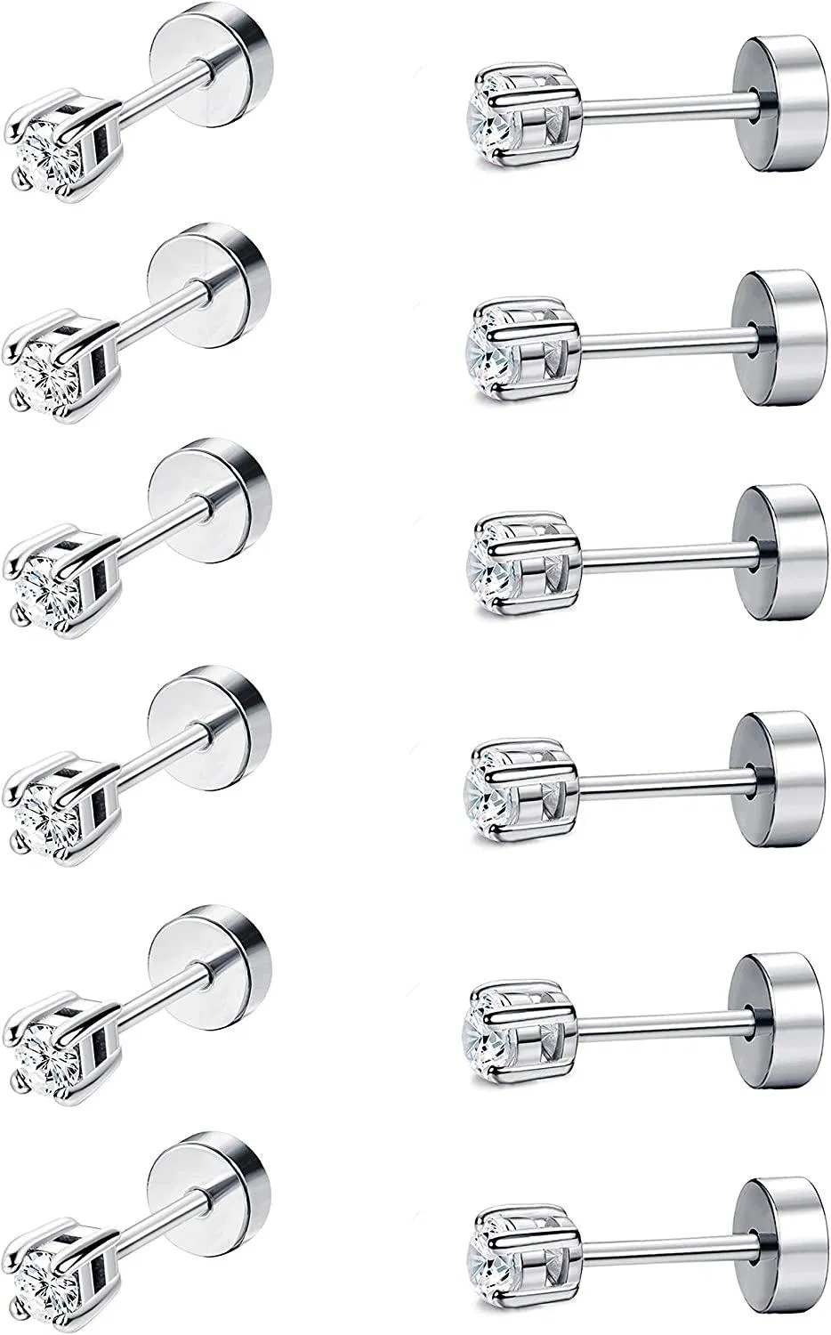 6 Pairs Stainless Tiny Cartilage Stud Earrings for Women Small Circle Square Flat Back CZ Stud Earrings Set Silver Rose-gold Ear Piercing Jewelry8mm - Grocery