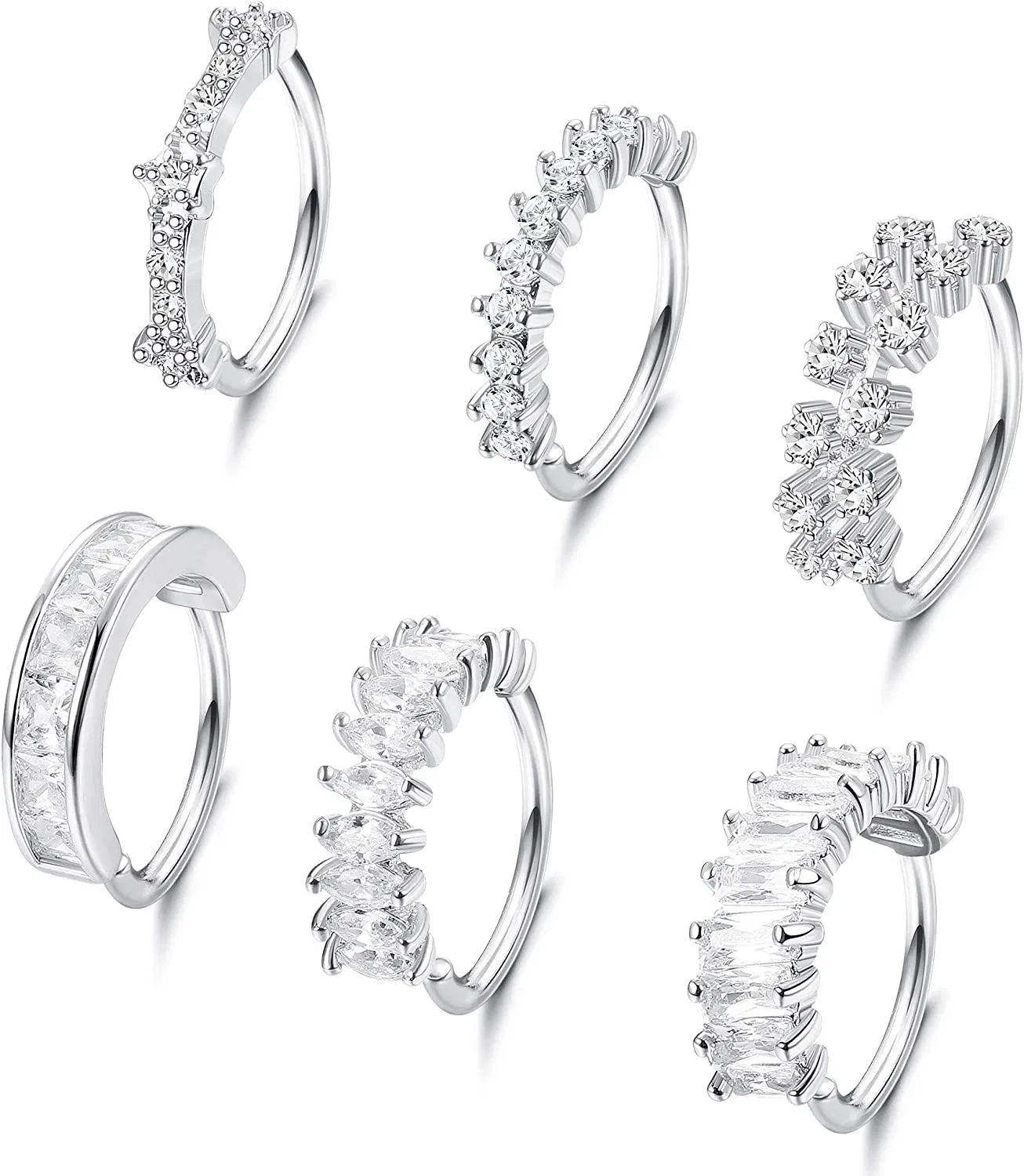 6PCS Stainless Nose Hoop Rings Paved CZ Crawler Hoop Earrings Leaf Flowers Lip Helix Cartilage Earring Nose Ring Piercing for Women - Grocery