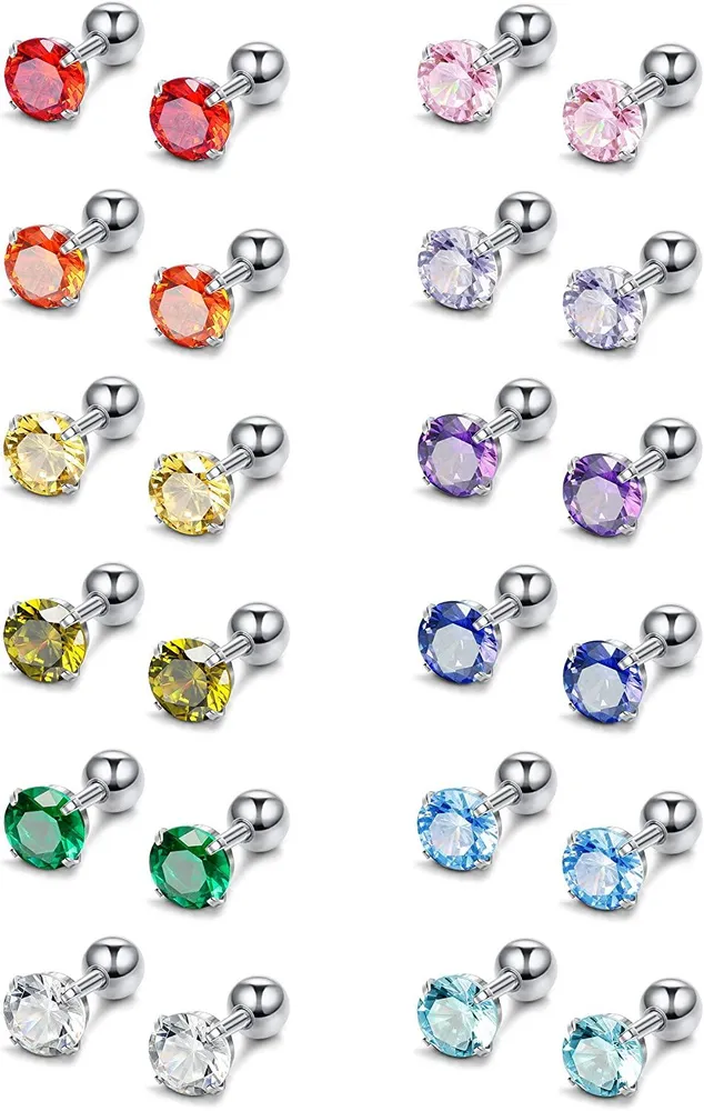 12 Pairs CZ Stud Earrings for Women Birthstone Piercing Earring for Tragus Cartilage 3-8MM - Grocery