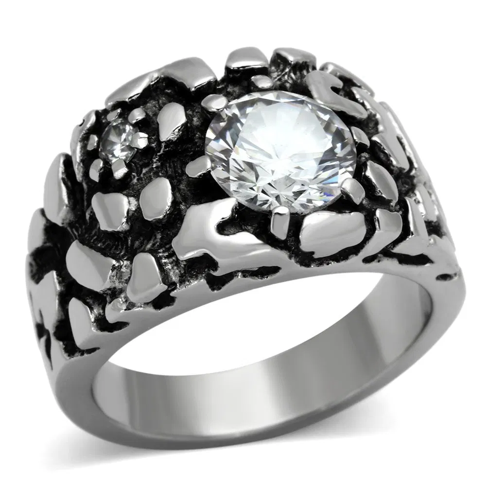 TK958 - High polished (no plating) Stainless Steel Ring with AAA Grade CZ in Clear - Grocery