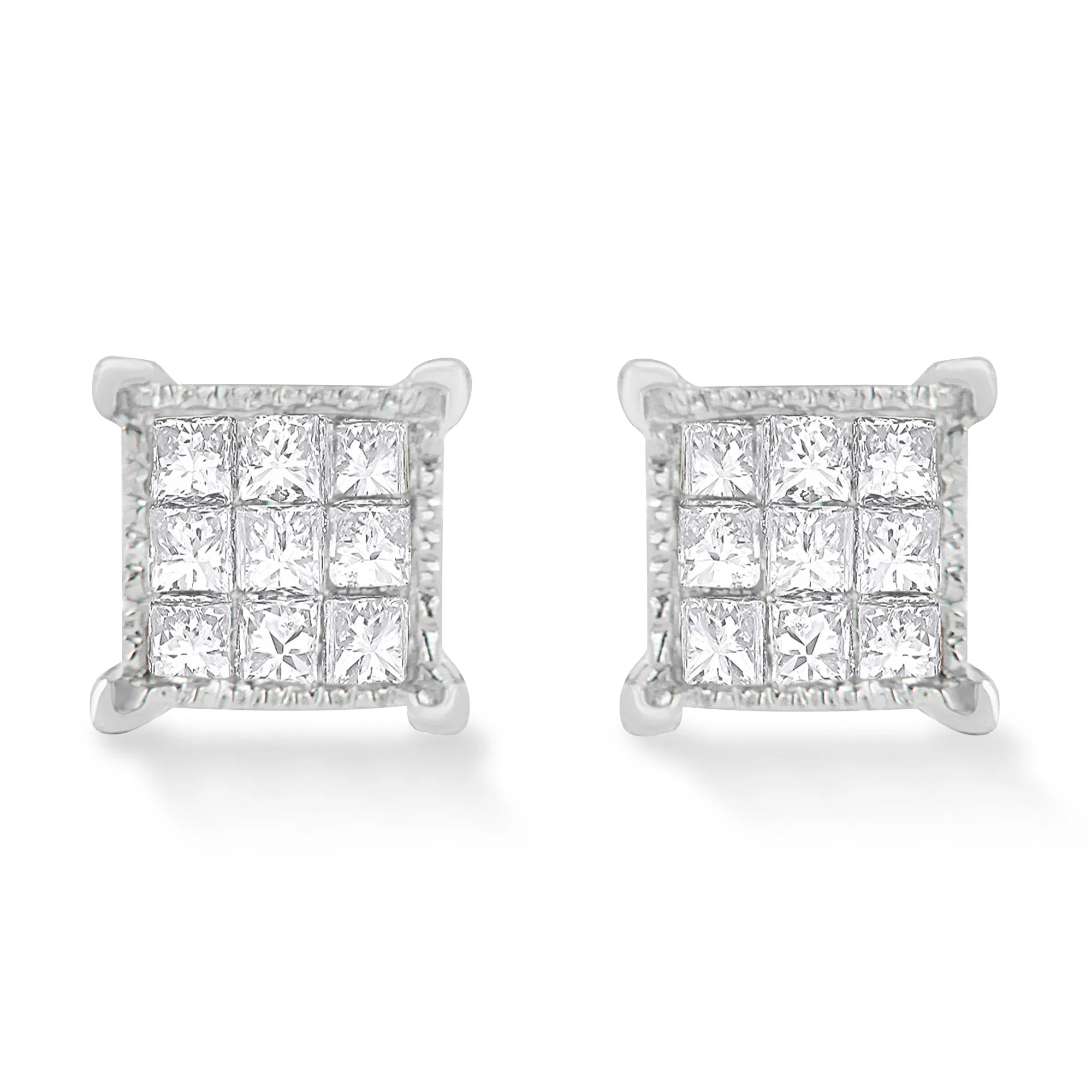 10K White Gold 1/3 Cttw Invisible Set Princess-Cut Diamond 18 Stone Composite Stud Earrings with Screwbacks (I-J Color, SI2-I1 Clarity) - Grocery