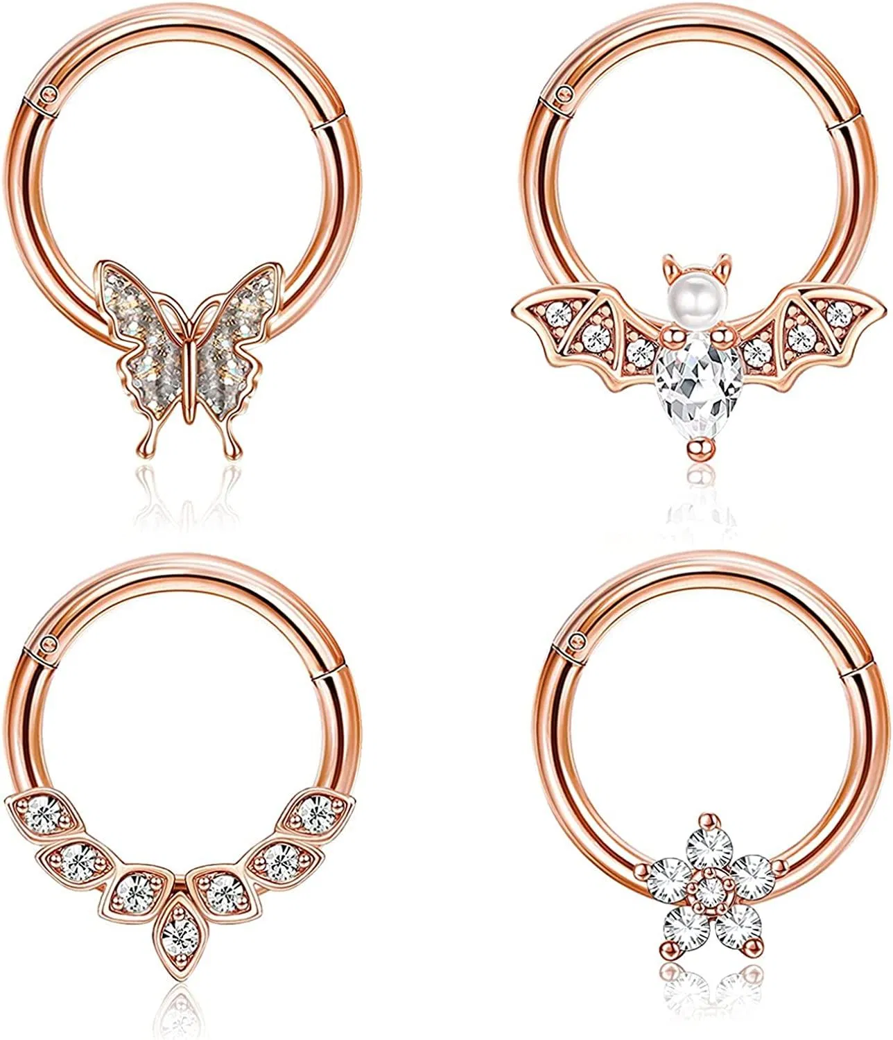 4Pcs 16G Septum Rings Stainless Hoop Nose Ring Cartilage Helix Piercing Tragus Hoop Daith Earrings CZ Butterfly Flower Bat Piercing Septum Jewerly 8mm - Grocery