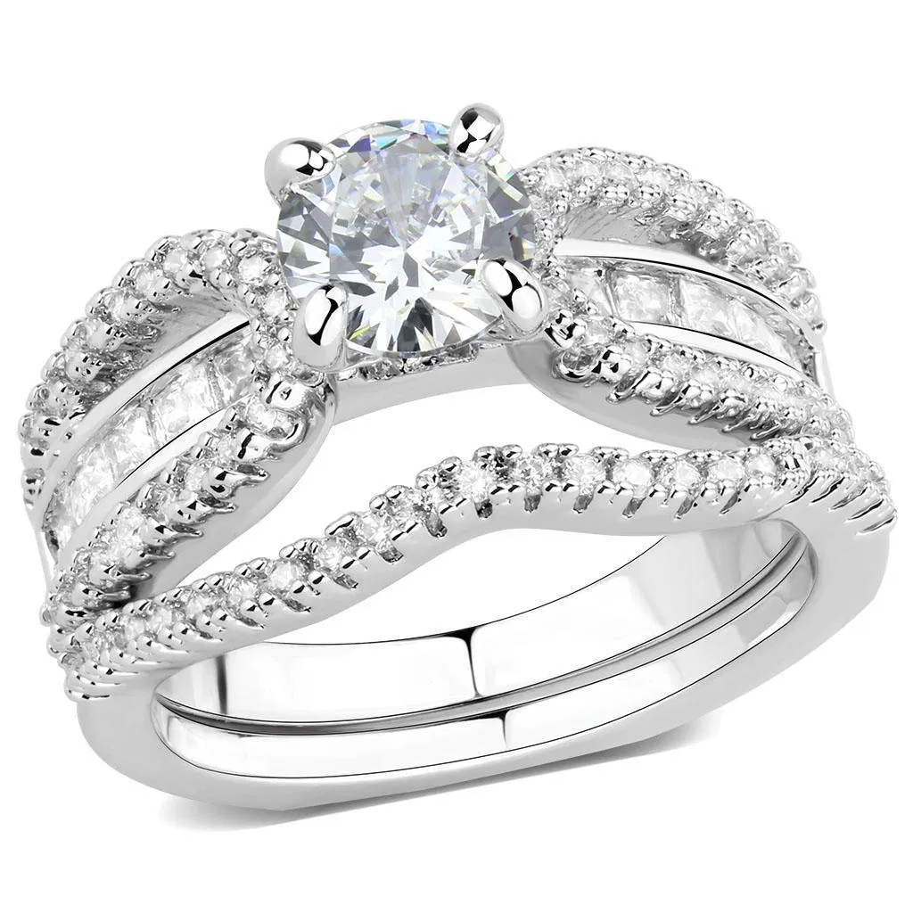 3W1556 - Rhodium Brass Ring with AAA Grade CZ in Clear - Grocery