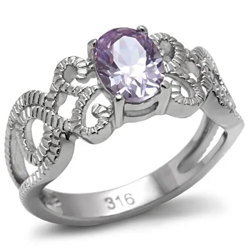 TK079 - High polished (no plating) Stainless Steel Ring with AAA Grade CZ in Light Amethyst - Grocery