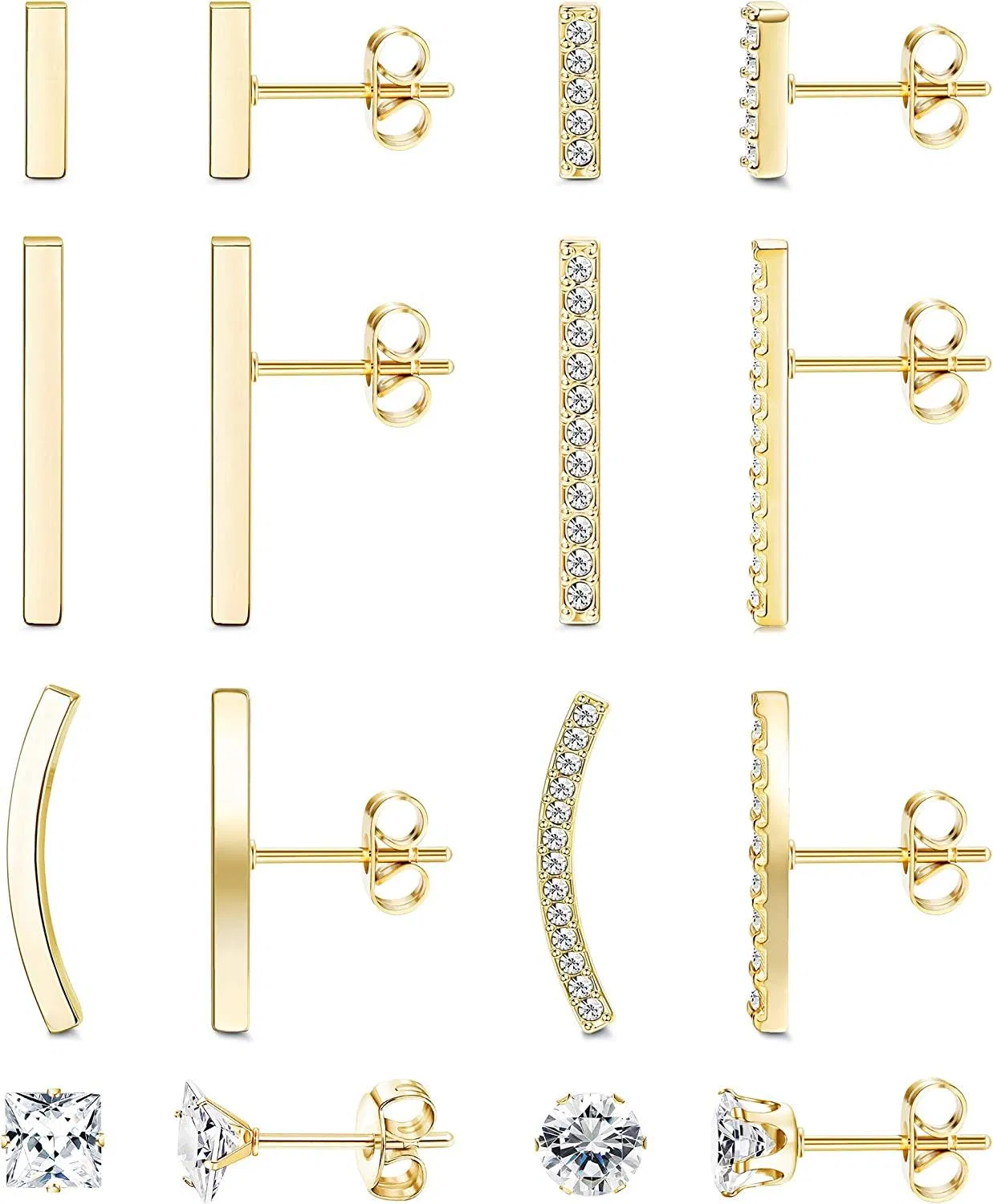 8 Pairs Dainty Bar Stud Earrings for Women CZ Minimalist Cartilage Bar Earrings Stainless Mini Stick Ear Climber Earrings Set - Grocery