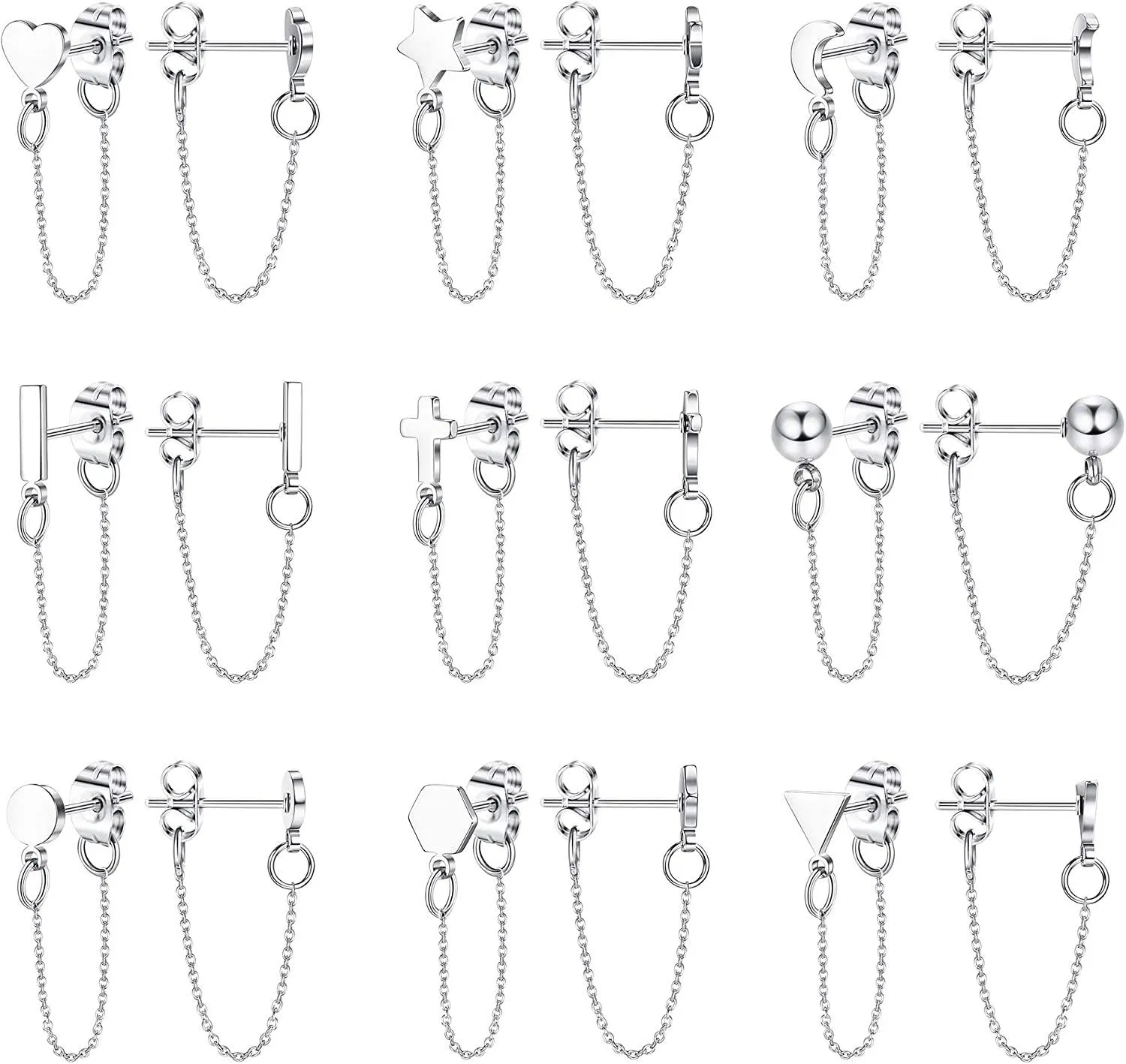 9 Pairs Chain Earrings Ear Cuffs Minimalist Bar Earrings with Chain Stainless Threader Stud Earrings for Women - Grocery