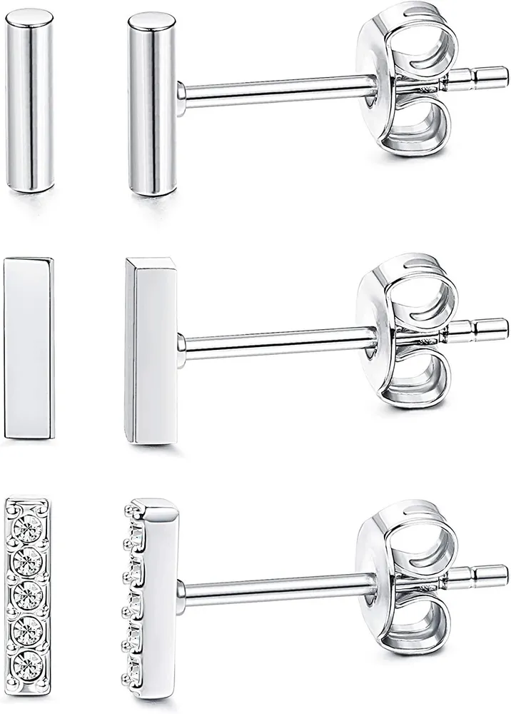 3 Pairs Sterling Silver Mini Bar Stud Earring for Women Men Flat CZ Line Stick Earrings Set Hypoallergenic - Grocery