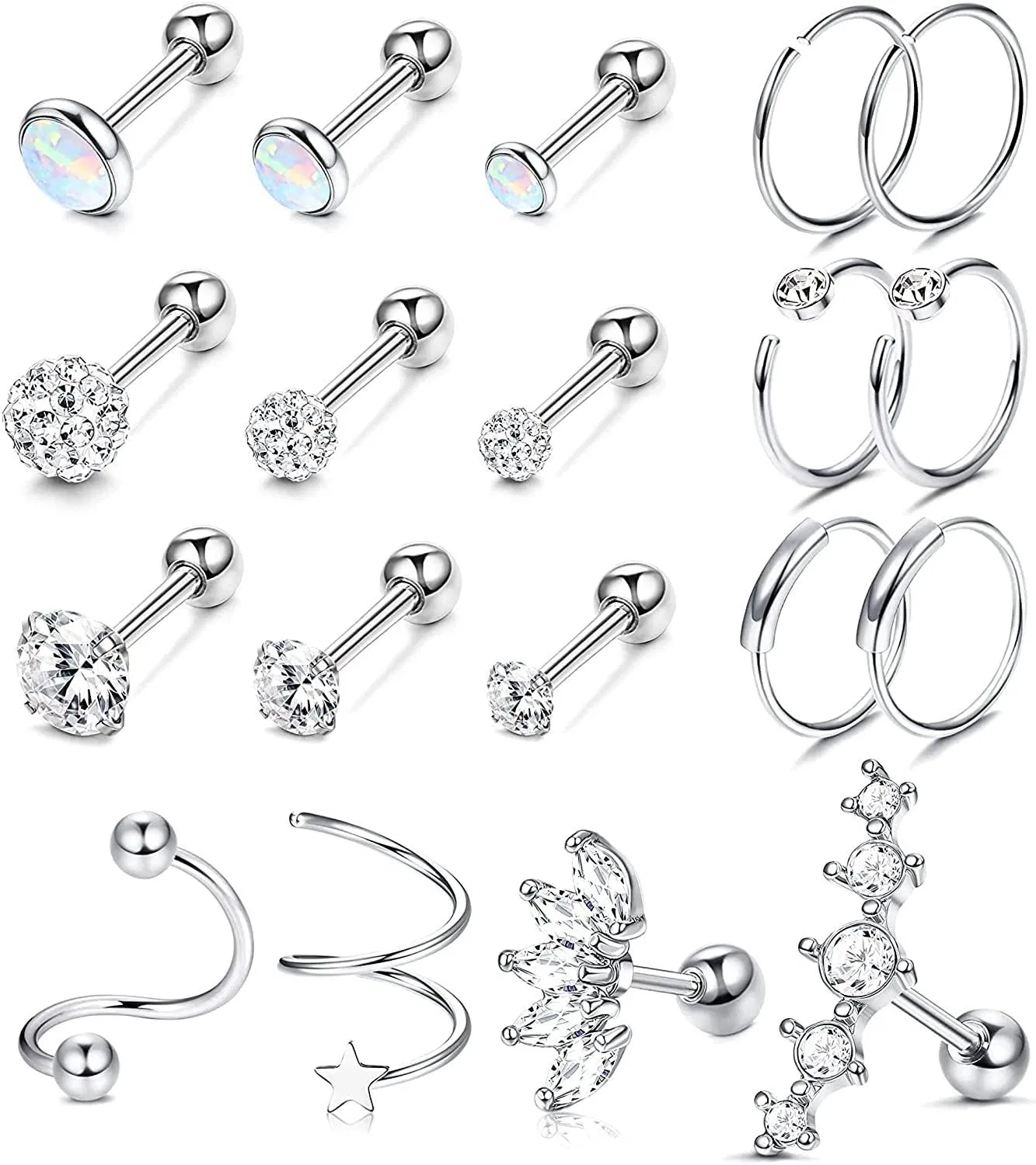 19Pcs Cartilage Earring Stud Hoop 16G 316L Stainless Helix Conch Piercing for Women - Grocery