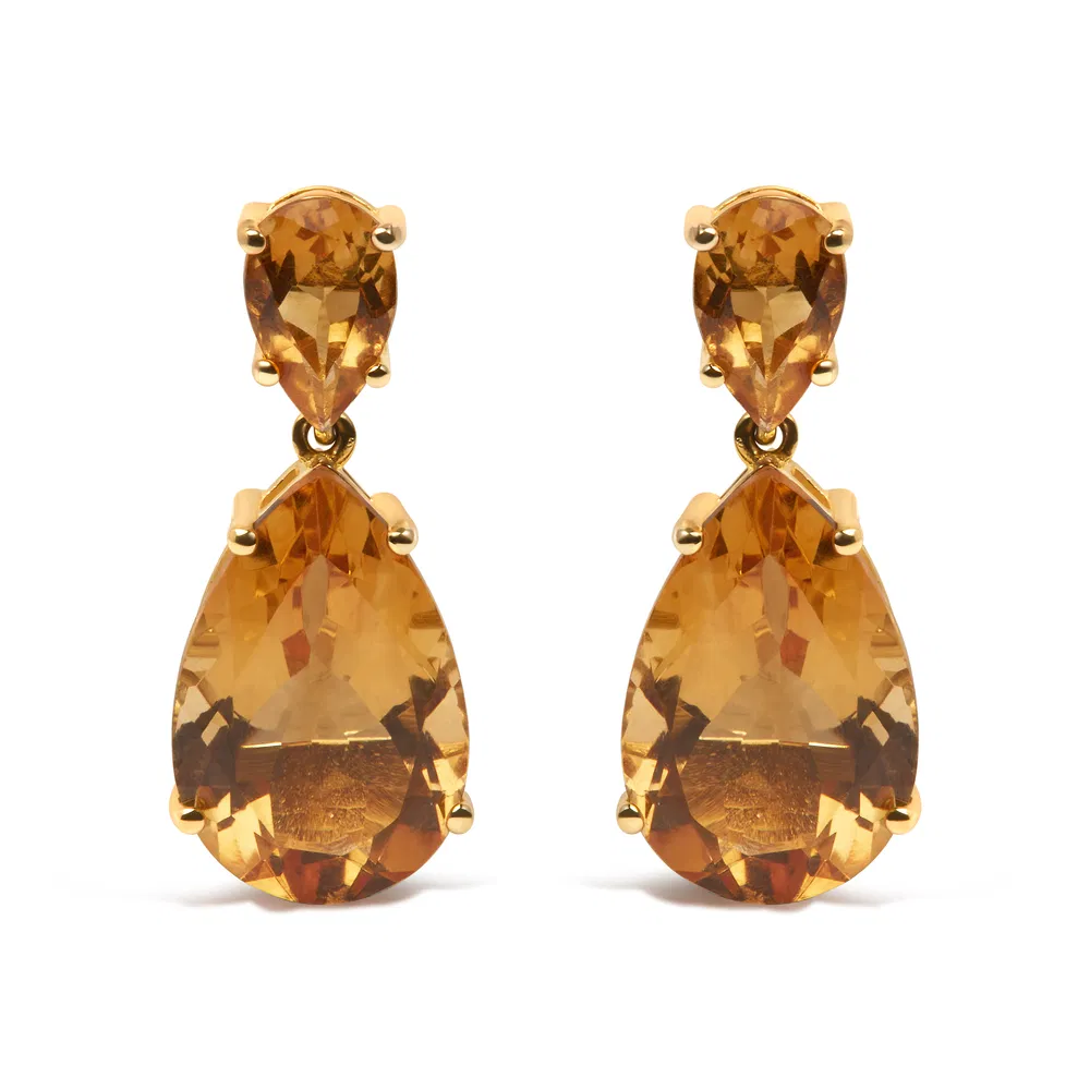 10K Yellow Gold Plated .925 Sterling Silver 12 1/3 Cttw Pear Shaped Orange Citrine Dangle Double Drop Stud Earring - Grocery