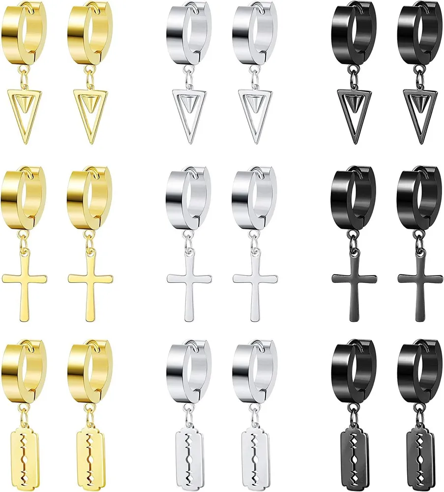 Stainless Cross Earrings Triangle Hoop Dangle Earrings Set for Men Women Eboy Punk Earrings 9Pairs - Grocery