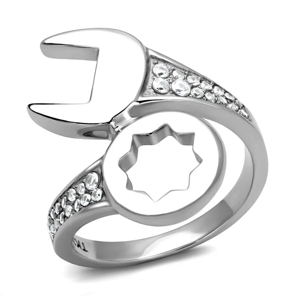 TK3097 - High polished (no plating) Stainless Steel Ring with AAA Grade CZ in Clear - Grocery