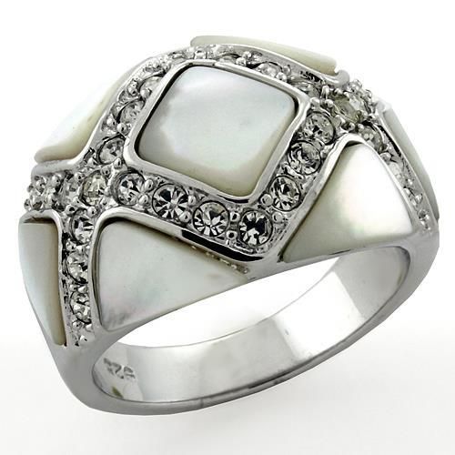LOAS1099 - Rhodium 925 Sterling Silver Ring with Precious Stone Conch in White - Grocery
