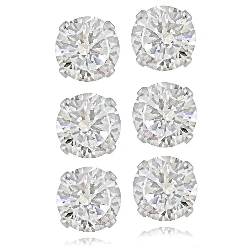 Sterling Silver 7mm CZ Stud Earrings, Set of 3 - Grocery