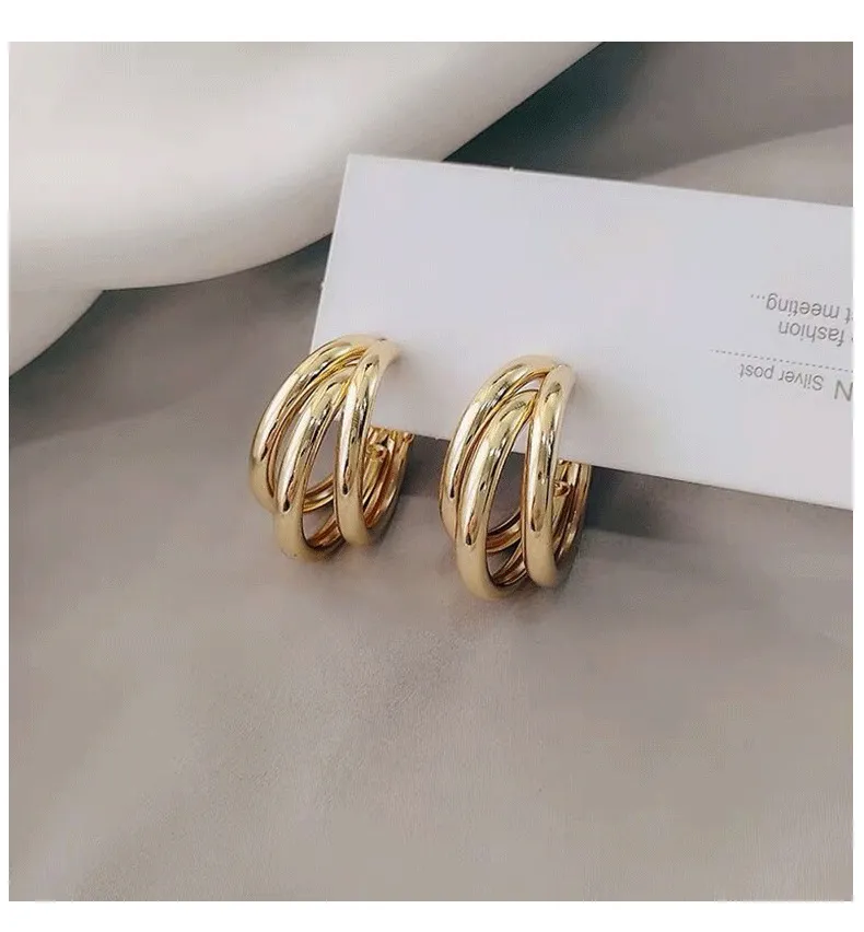 925 Silver Needle Three-dimensional Three-lap Overlapping High-grade Aesthetic Earrings - Grocery