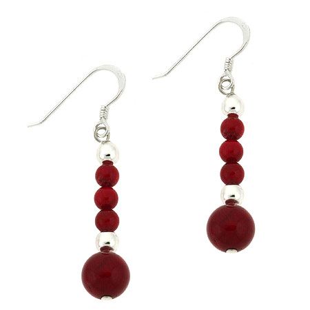 Sterling Silver .925 Red Genuine Sea Bamboo Coral Stone Bead Drop Dangle Earrings - Grocery