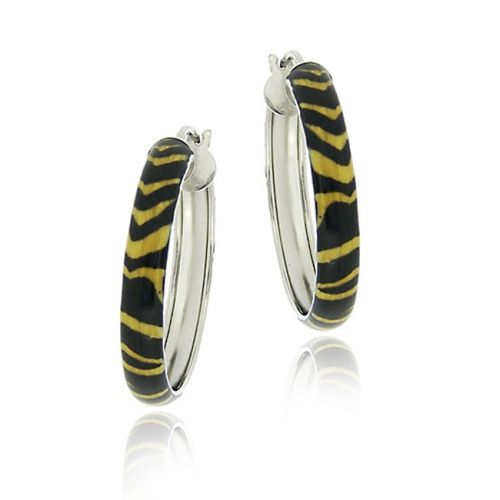 Sterling Silver Enamel Tiger Print 25mm Hoop Earrings - Grocery