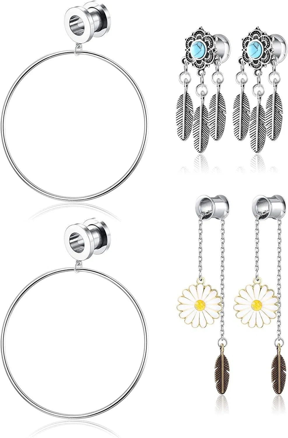3pairs Ear Tunnel Plugs Stainless Dangle Ear Gauges Expander Stretcher 8-16mm Ear Piercing for Women - Grocery
