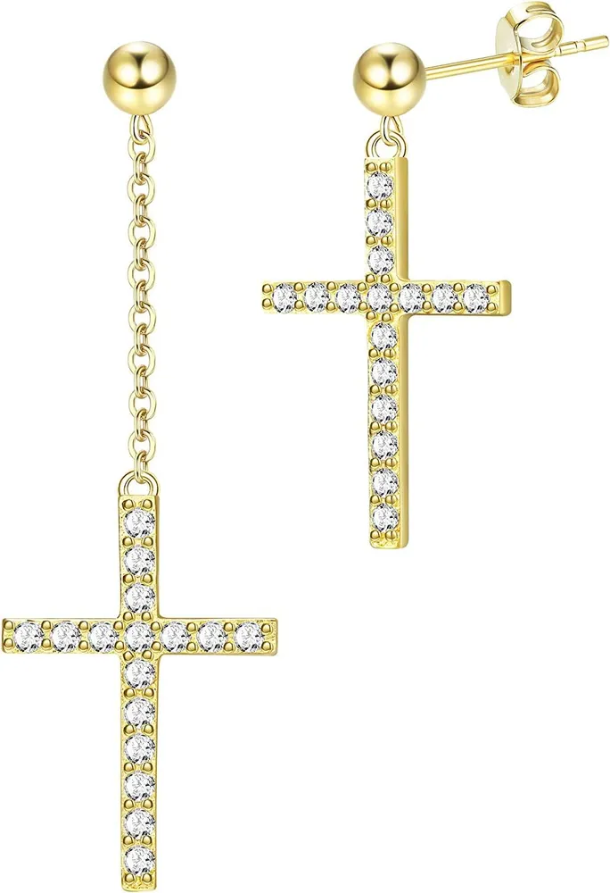 S925 Sterling Cross Dangle Drop Stud Earrings 14K Gold Plated Pendant Chain Earrings For Women Men Cubic Zirconia Cross Earrings Punk Jewelry - Grocery