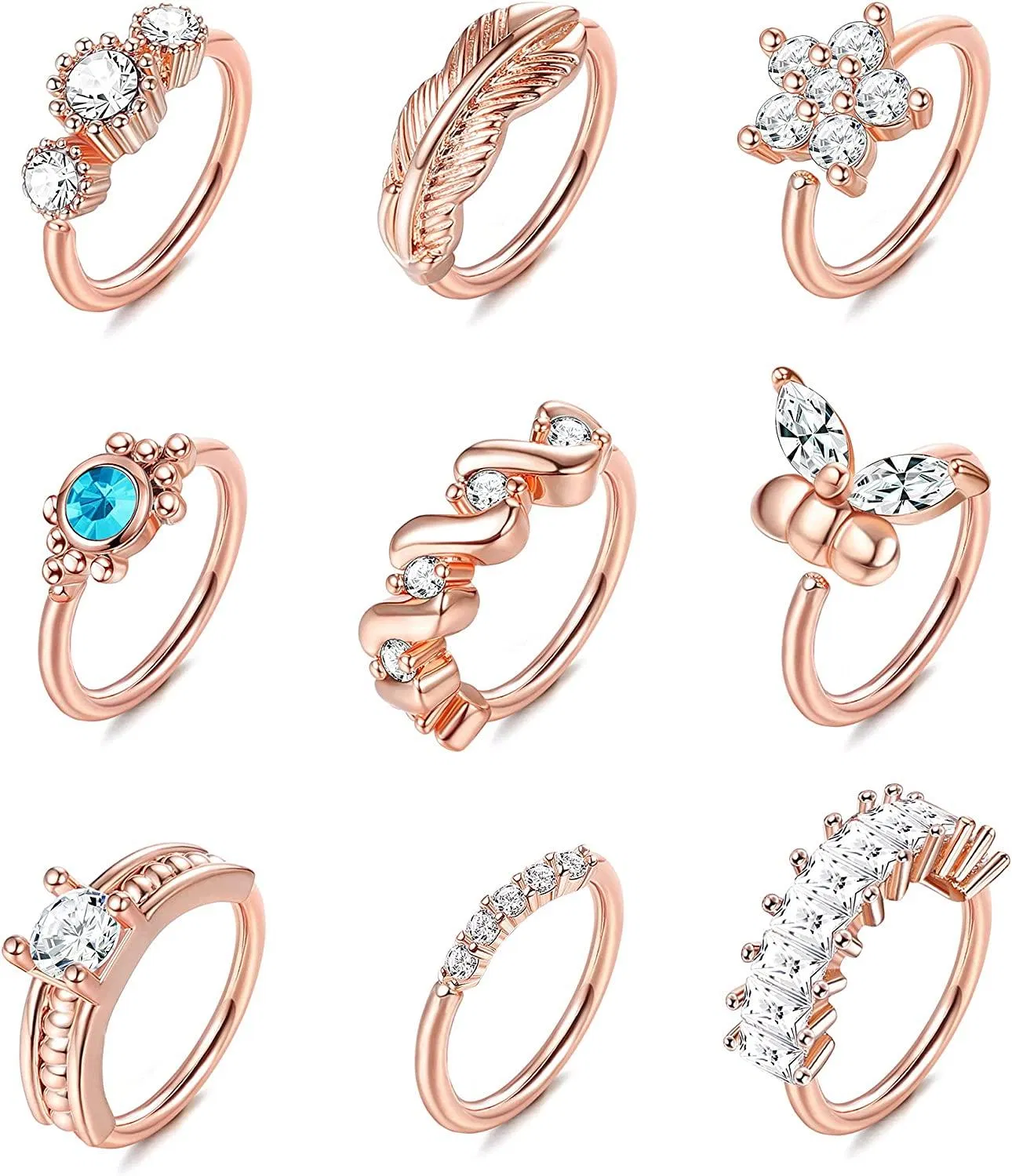 9Pcs 20G Stainless Nose Ring Hoop Paved CZ Leaf Butterfly Cartilage Earring for Women Body Ear Piercing Hoop Ring for Nose Ear Cartilage - Grocery