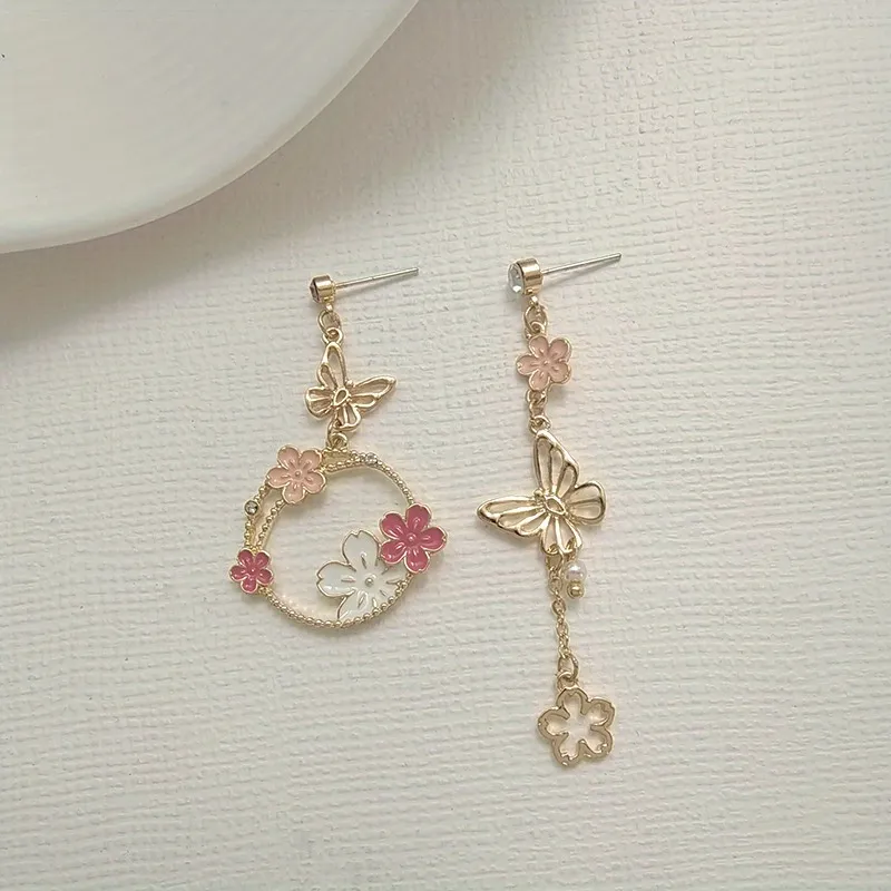 Exquisite Butterfly Garland Flower Design Enamel Asymmetric Earrings Cute Cartoon Style Alloy 18K Gold Plated Jewelry Daily Casual - Grocery