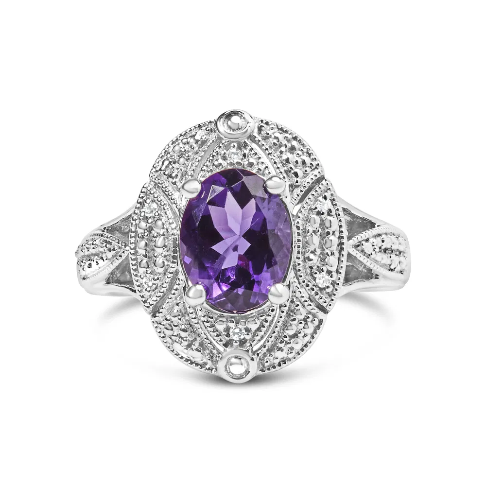 .925 Sterling Silver 9x7mm Oval Purple Amethyst and Round Diamond Accent Fashion Cocktail Ring (I-J Color, I1-I2 Clarity) - Grocery