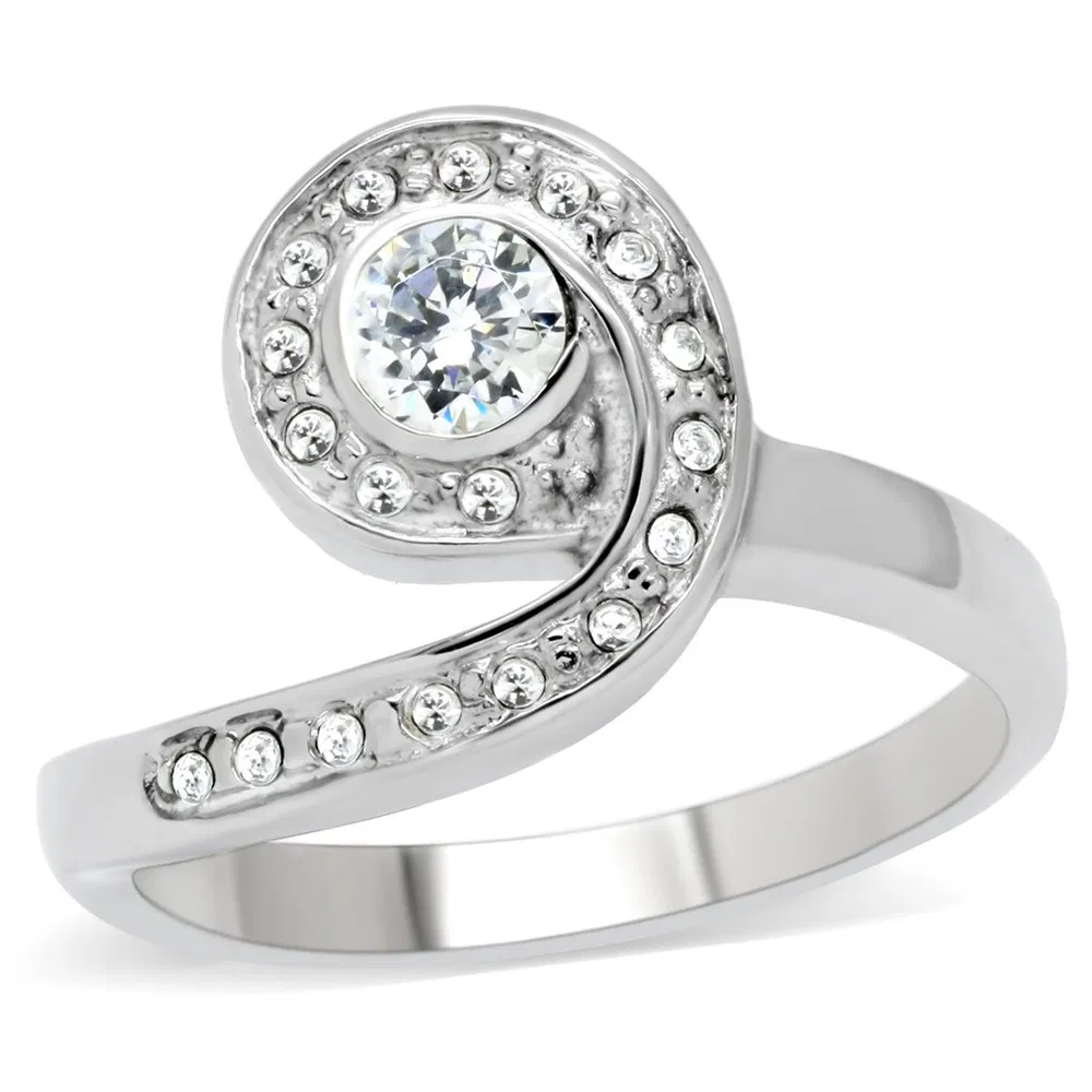 TK195 - High polished (no plating) Stainless Steel Ring with AAA Grade CZ in Clear - Grocery
