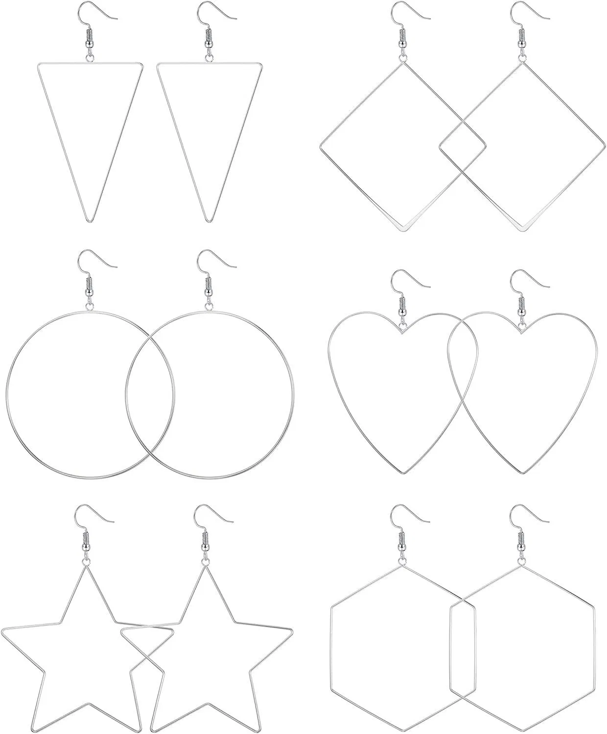 6 Pairs Wire Dangle Earrings Circle Heart Star Triangle Minimalist Fishhook Drop Earrings for Women Lightweight Stainless Earrings Set - Grocery
