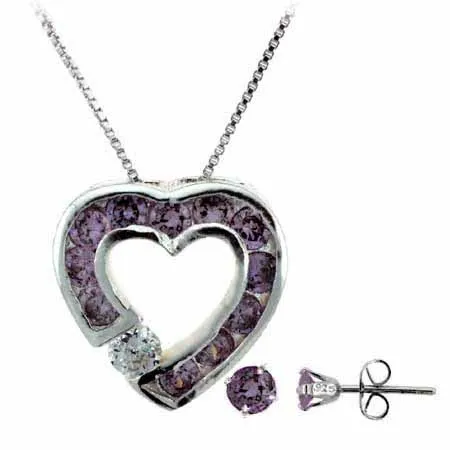 Sterling Silver Amethyst CZ Heart Pendant and Stud Earrings Set - Grocery