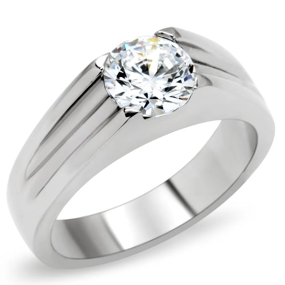 TK193 - High polished (no plating) Stainless Steel Ring with AAA Grade CZ in Clear - Grocery