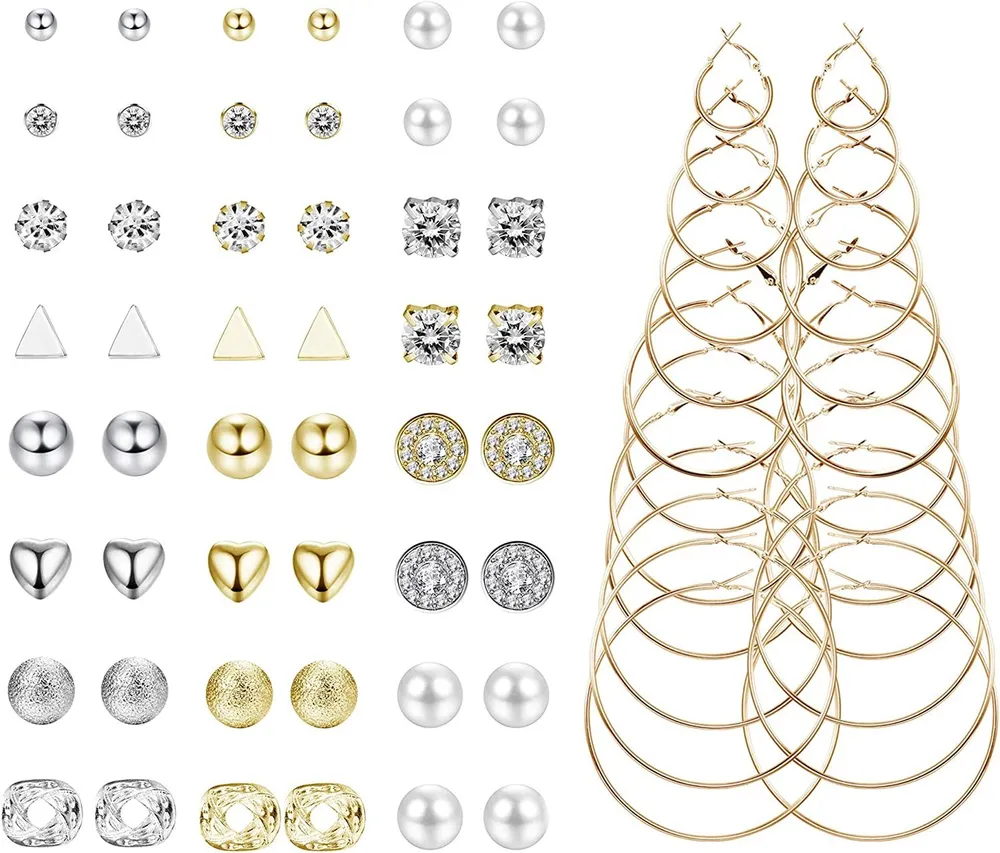 36 Pairs Assorted Multiple Stud Earrings Set for Women Big Hoop Earrings Round Ball Triangle Crystal Pearl Earring Set - Grocery