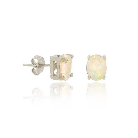 Sterling Silver 6x4 Oval Created Fiery White Opal Stud Earrings - Grocery