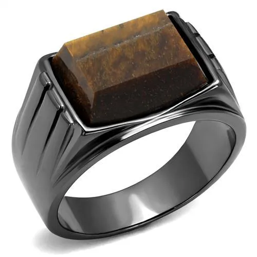 TK3001 - IP Light Black (IP Gun) Stainless Steel Ring with Synthetic Tiger Eye in Topaz - Grocery