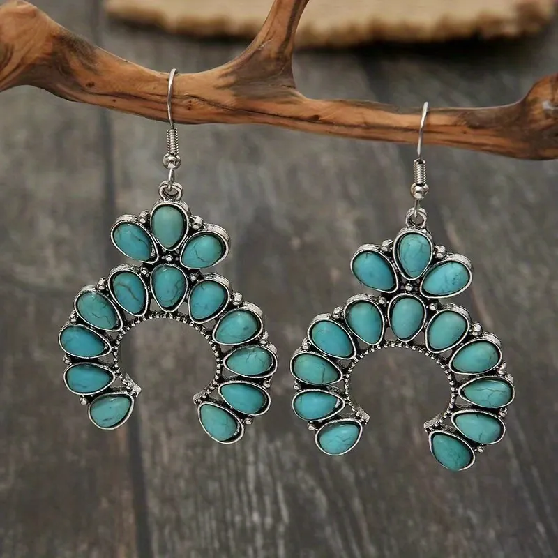 2pcs Vintage Bohemian Style Turquoise Decor Half Circle Shape Girl Earrings - Grocery