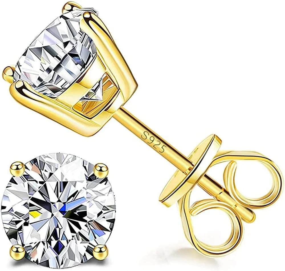 Sterling Silver Cubic Zirconia Stud Earrings for Women Men 14k White Gold Plated Round CZ Earrings for Sensitive Ear - Grocery